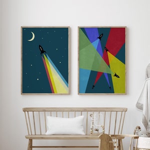 Set of 2 Cool Abstract Kids Rocket Wall Art Prints