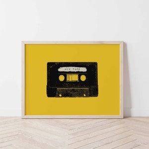 Fita cassete retrô legal anos 90, 80, mix tape, impressão, vintage, cassete, amarelo, parede, ilustração, arte, amante da música, presente, pôster vintage, arte para impressão