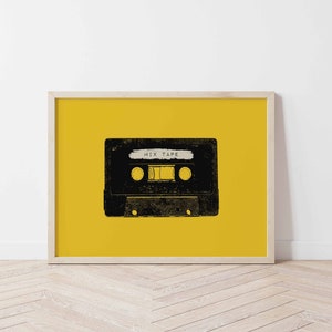 Cool Retro Cassette Tape 90s 80s Mix Tape Print Vintage Cassette Yellow Wall Illustration Art Music Lover Gift Vintage Poster Printable Art