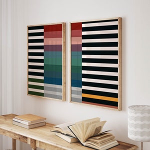 Set of 2 Cool and Colorful Abstract Striped Wall Art Prints - Fun Modern Artwork