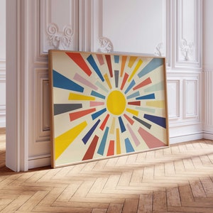 Grande arte de parede abstrata, sol abstrato, sol, decoração de berçário, impressões ecléticas, grande pôster de arte, arte de parede colorida, arte de parede com raios de sol, impressão em negrito