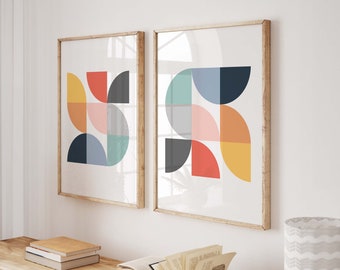 Set of 2 Modern Abstract Prints - Scandi Style Geometric DIGITAL Wall Art - Colorful Half Circle Shapes for Minimalist Decor