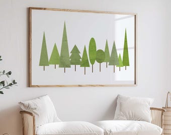 Green Scandinavian Forest Print - Modern Tree Wall Art - Geometric Landscape Poster