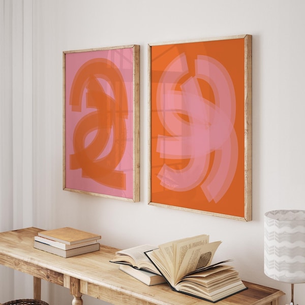 Set of 2 Pink and Orange Wall Prints Hot Pink and Orange Decor Fun Wall Art Set of Printables Modern Abstract Bright Colorful Prints Digital