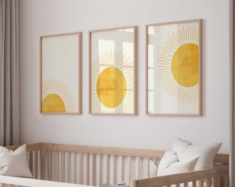Set of 3 Sun DIGITAL Wall Art – Sunrise Prints in Warm Yellow
