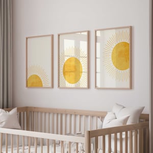 Set of 3 Sun DIGITAL Wall Art – Sunrise Prints in Warm Yellow