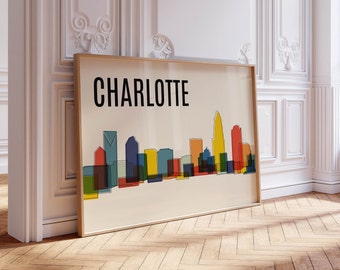May include: A colorful illustration of the Charlotte skyline with the word "CHARLOTTE" in black text at the top of the image.