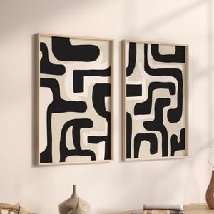 2er Set Abstrakte Schwarz-Weiße Drucke - Moderne minimale digitale Wandkunst in neutralen Tönen
