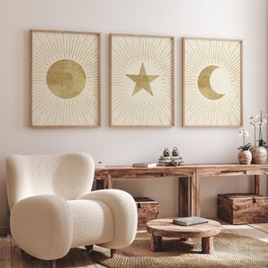 Set of 3 Boho Gold Sun, Moon and Star Art Prints