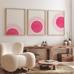 Hot Pink Sun Art Set Digital Abstract Sun Art Girls Bedroom Decor Set of 3 Pink Prints Pink Girls Bedroom Decor Pink Prints Girly Posters