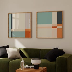 Set of 2 Modern Abstract Square Prints - Blue and Orange Geometric Wall Art