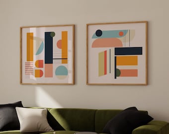 Set of 2 Modern Abstract Prints - Large Square Geometric Art Set