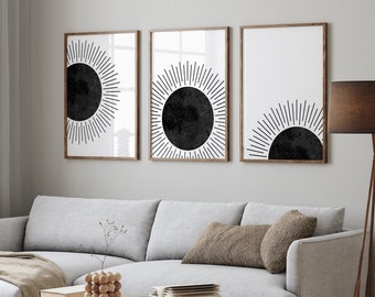 Set of 3 Black and White Setting Sun Abstract Print Set