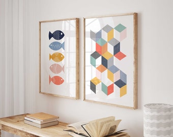 Colorful Set of 2 Scandinavian Art Bathroom Wall Art Geometric Art Abstract Wall Decor Kids Bathroom Decor Printable Abstract Art Fish Decor