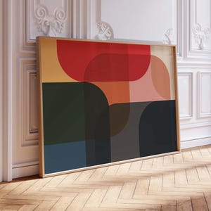 Impression artistique encadrée abstraite moderne colorée du milieu du siècle