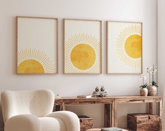 3er Set Boho Gelb aufgehende abstrakte Sonne Digital Prints