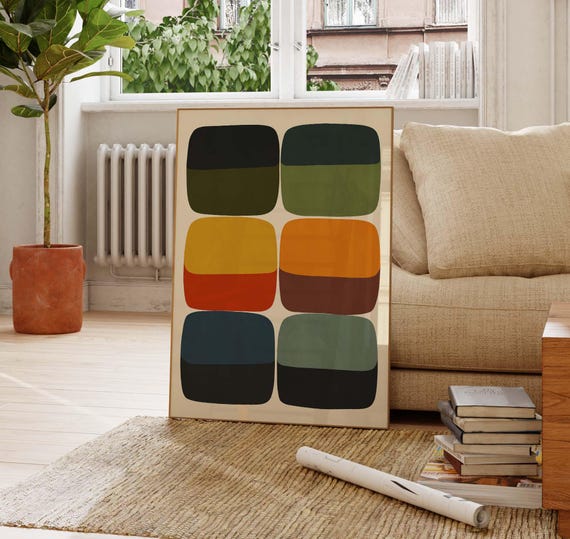 Bold Mid Century Modern Abstract Print - FRAMED Print in Retro Tones