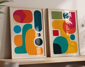 Set mit 2 digitalen, kräftigen, farbenfrohen, abstrakten Retro-Drucken