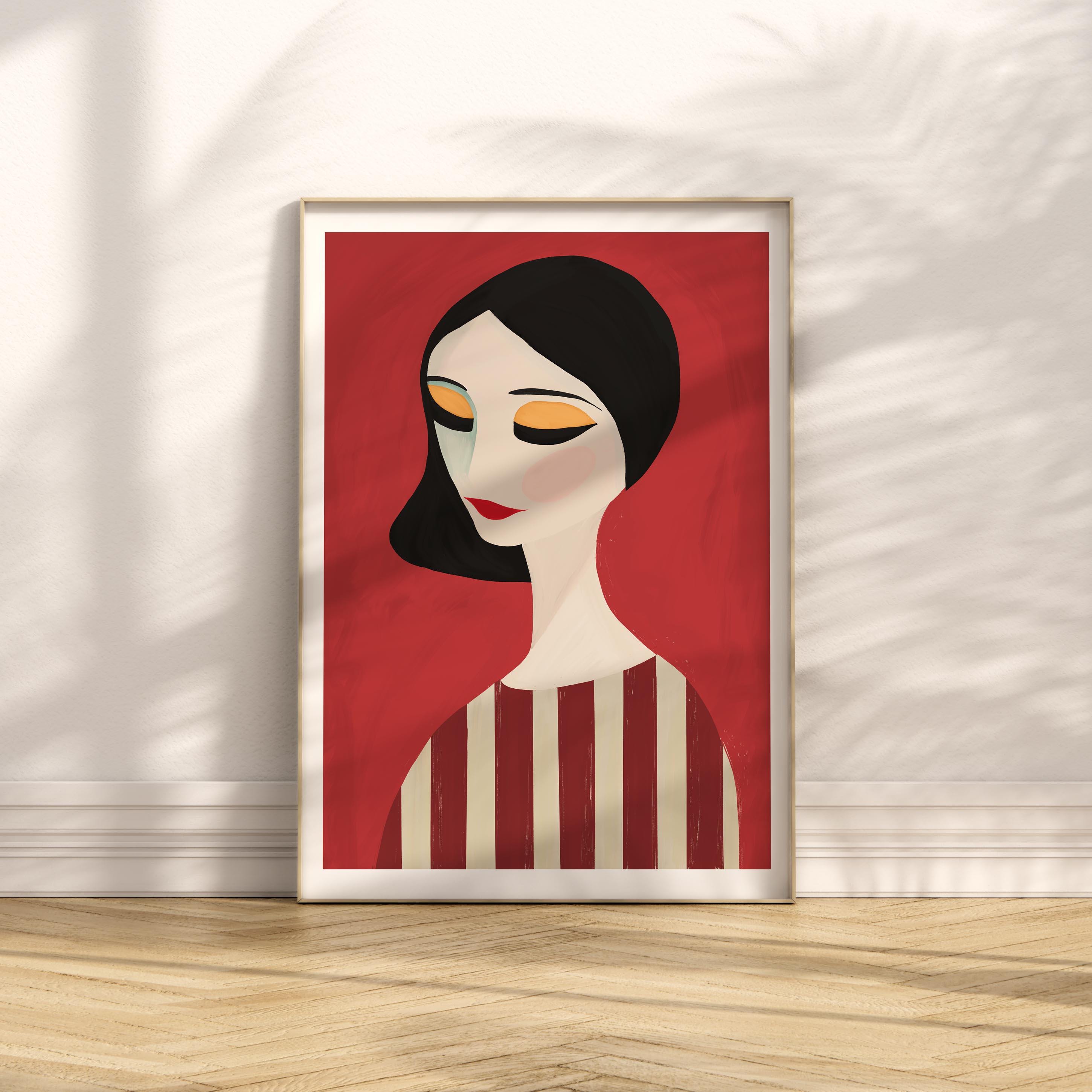縞模様の女性の赤い具象肖像 - Etsy 日本