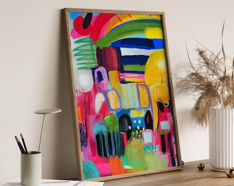 May include: Abstract painting in a wooden frame with bright colors like yellow, green, blue, red, pink, and black. The painting is a mix of geometric shapes and lines.