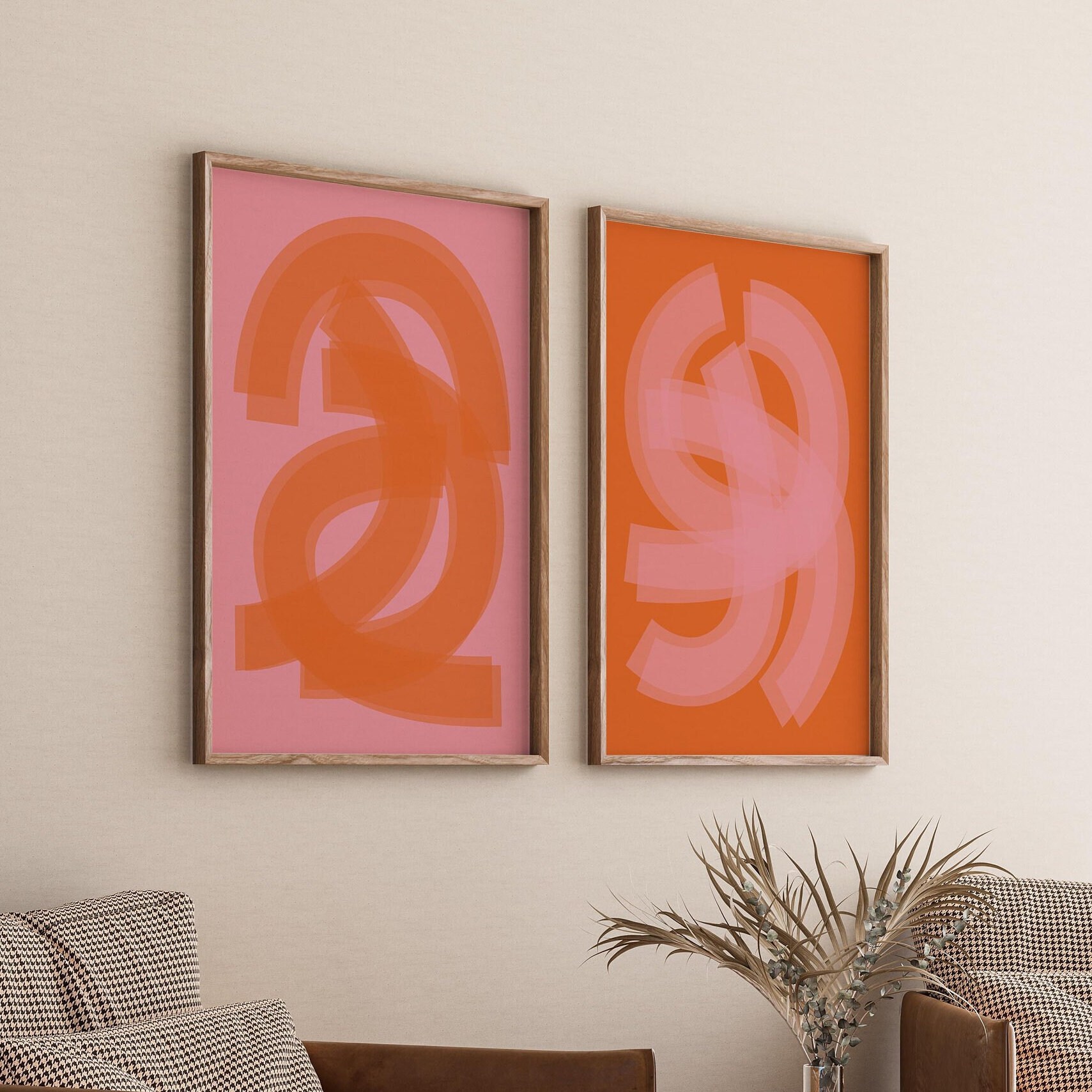 Set of 2 Modern Abstract Wall Art - Pink and Orange Brushstroke Prints ...