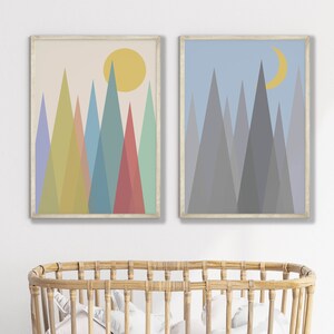 Sun and Moon Art Night and Day Poster Abstract Mountain Art Set of 2 Nursery Prints Kids Room Decor Large Mid Century Modern Digital Prints