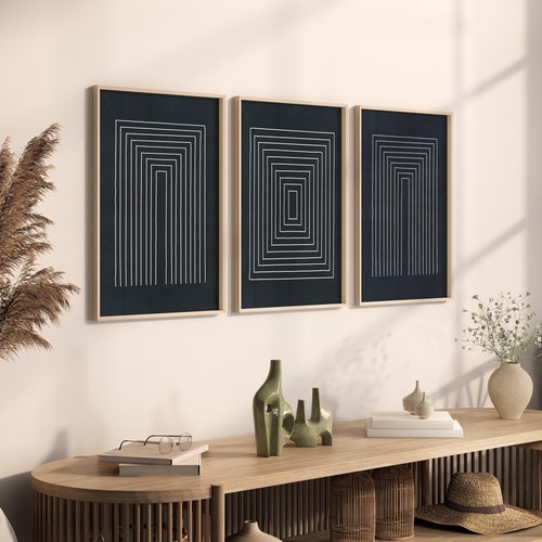 Navy Blue Wall Art Set 3 Piece Art Prints Blue Abstract Wall Etsy
