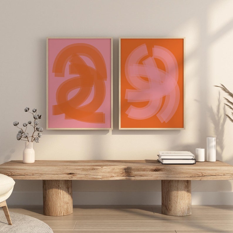 Set of 2 Modern Abstract Wall Art - Pink and Orange Brushstroke Prints ...