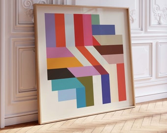 Puede incluir: Una impresión cuadrada enmarcada que presenta una composición geométrica de barras verticales y diagonales entrelazadas en varios colores, incluyendo rojo, naranja, rosa, morado, azul, verde, marrón y beige sobre un fondo crema claro.