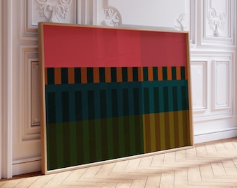 Lámina de arte digital abstracta de rayas brillantes - Arte de pared retro en tonos verde azulado y rosa