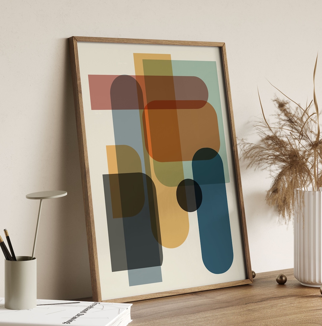 Mid Century Modern Abstract Print - Bold Retro Shapes Digital Wall Art ...