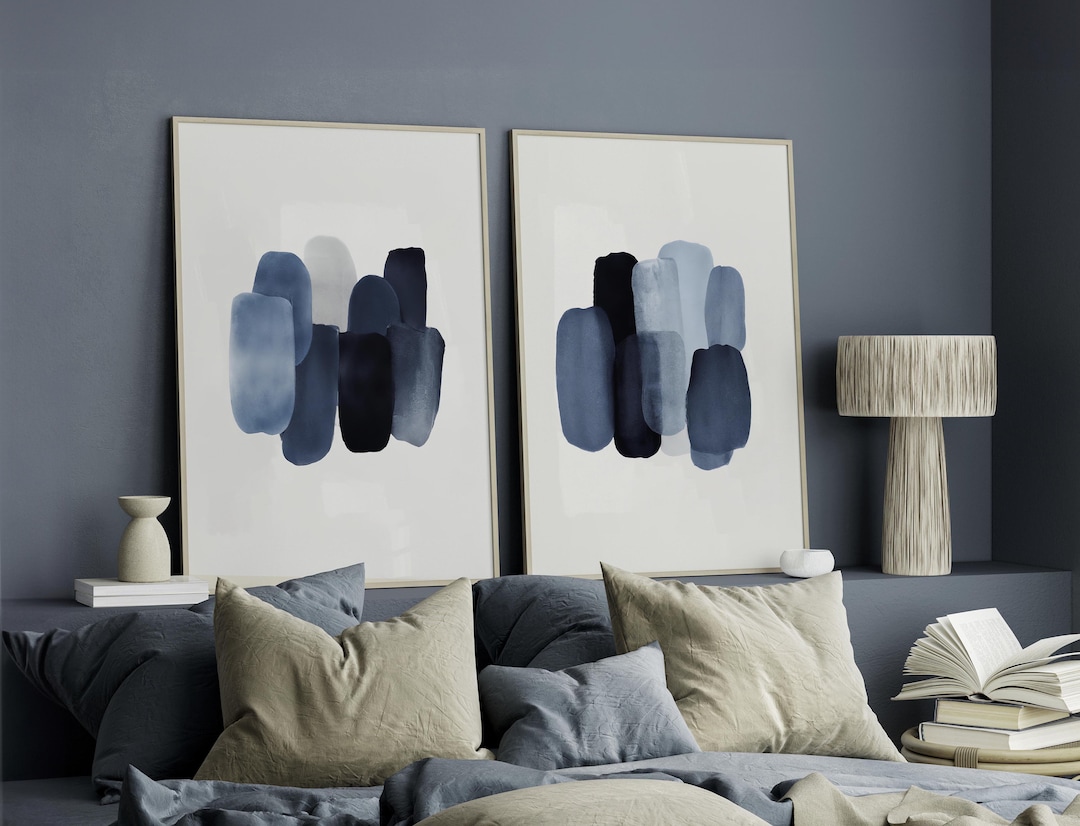 Set of 2 Blue Abstract Brush Strokes Art Watercolor Prints - Etsy