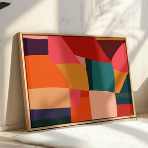 Impressão abstrata de patchwork colorido - Arte de parede geométrica moderna e ousada - Pôster estilo meados do século