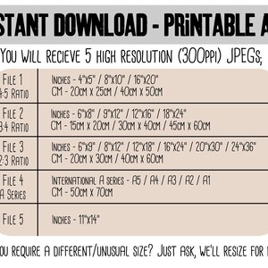Pode incluir: Um gr&aacute;fico que mostra cinco tamanhos de arquivo diferentes para downloads de arte imprim&iacute;vel. Os tamanhos s&atilde;o listados em polegadas e cent&iacute;metros. Os tamanhos de arquivo s&atilde;o 4x5, 3x4, 2x3, s&eacute;rie A e 11x14. O texto "INSTANT DOWNLOAD - PRINTABLE ART" est&aacute; na parte superior do gr&aacute;fico. O texto "YOU WILL RECIEVE 5 HIGH RESOLUTION (300PPI) JPEGS;" est&aacute; abaixo do t&iacute;tulo. O texto "DO YOU REQUIRE A DIFFERENT/UNUSUAL SIZE? JUST ASK, WE'LL RESIZE FOR FREE!" est&aacute; na parte inferior do gr&aacute;fico.