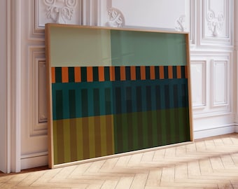 Puede incluir: Una pieza de arte mural rectangular enmarcada que presenta una composición geométrica de rayas verticales y bloques de colores sólidos en tonos verde salvia, azul cerceta oscuro, amarillo mostaza y naranja quemado, en un marco de madera clara.