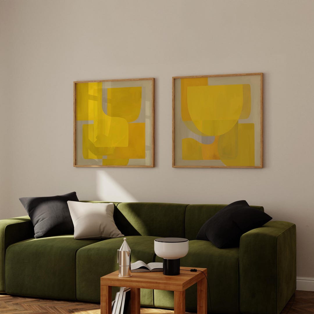 Set of 2 Yellow Abstract Prints – Mid Century Modern DIGITAL Grunge ...