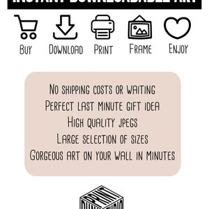 Pode incluir: Impress&atilde;o de arte instant&acirc;nea para download com &iacute;cones para comprar, baixar, imprimir, enquadrar e desfrutar. O texto diz: "Arte instant&acirc;nea para download" e "Sem custos de envio ou espera. Presente perfeito de &uacute;ltima hora. Jpegs de alta qualidade. Ampla sele&ccedil;&atilde;o de tamanhos. Arte magn&iacute;fica na sua parede em minutos."