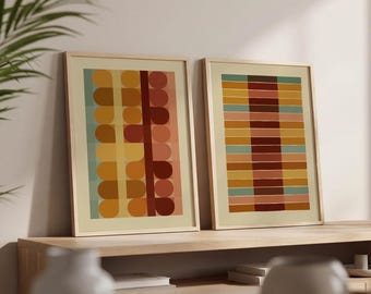 Set of 2 Warm Tone DIGITAL Prints, Retro Abstract Geometric
