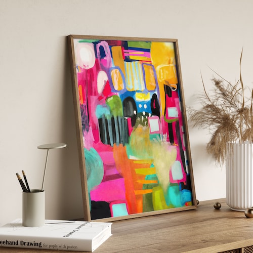 Peinture numérique abstraite colorée et amusante, art de l'affiche aux couleurs vives, art mural lumineux, oeuvre d'art imprimable, coups de pinceau, oeuvre d'art moderne, estampes naïves