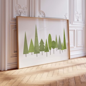 Grüner Skandinavischer Wald Druck - Moderne Baum Wandkunst - Geometrische Landschaft Poster
