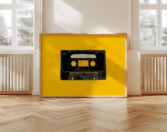 Fun Retro Mixtape Print - Bold Black Cassette Wall Art on Yellow