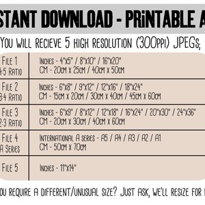 May include: A chart showing five different file sizes for printable art downloads. The sizes are listed in inches and centimeters. The file sizes are 4x5, 3x4, 2x3, A Series, and 11x14. The text "INSTANT DOWNLOAD - PRINTABLE ART" is at the top of the chart. The text "YOU WILL RECIEVE 5 HIGH RESOLUTION (300PPI) JPEGS;" is below the chart title. The text "DO YOU REQUIRE A DIFFERENT/UNUSUAL SIZE? JUST ASK, WE'LL RESIZE FOR FREE!" is at the bottom of the chart.
