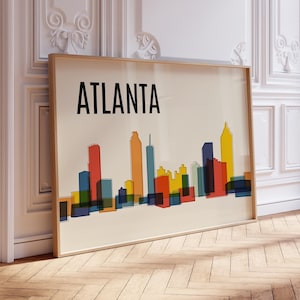 Kleurrijke print skyline ATLANTA - Kleurrijke muurkunst stadsmuur uit het midden van de eeuw