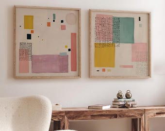 Set of 2 Cute Paintings - Square Abstracts in Soft Pastels
