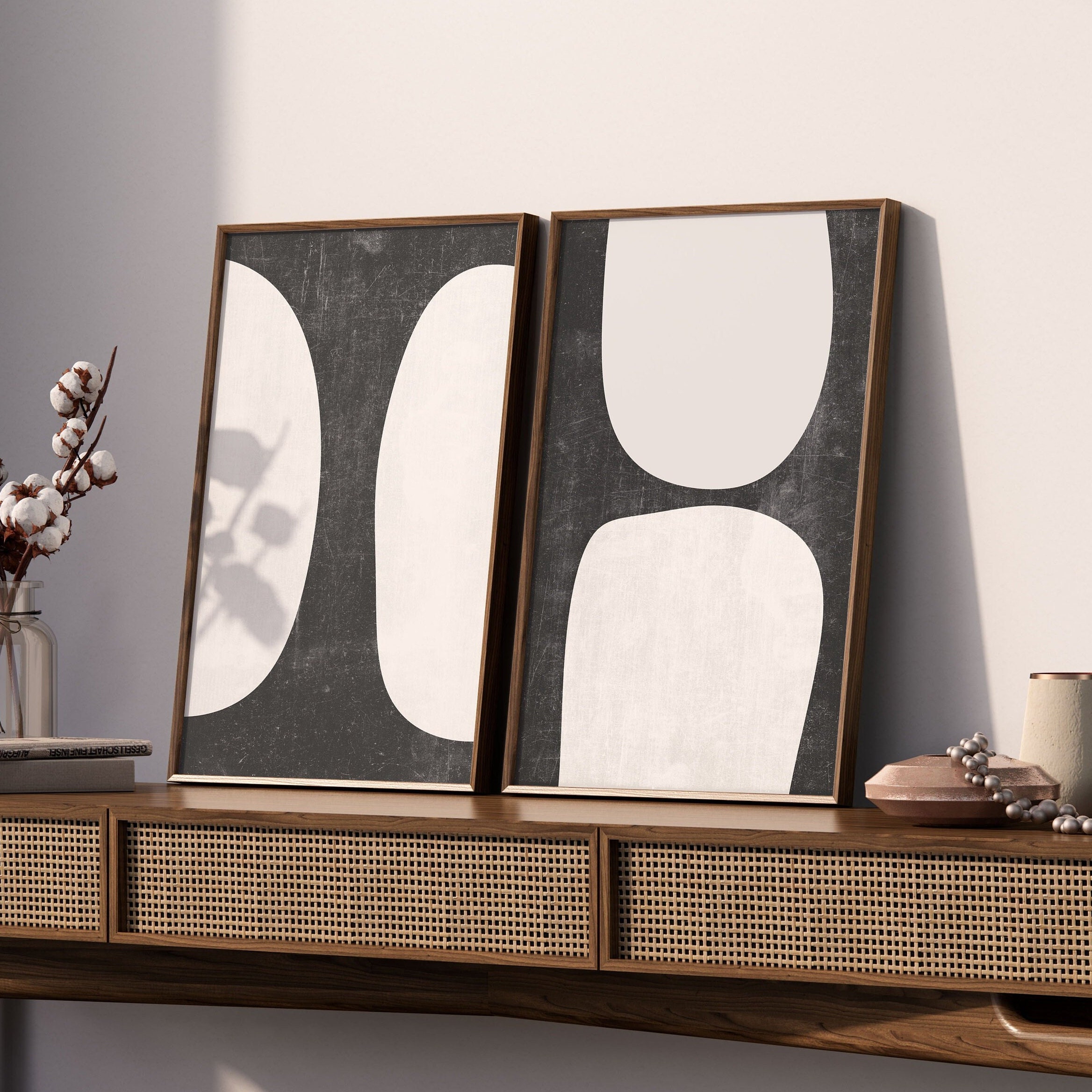 Set of 2 Black and White Abstract Prints - Minimal Mid Century Wall Art