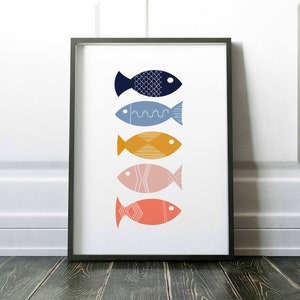 Colorful Scandinavian Folk Art Bathroom Wall Decor Fish Art Print Mid Century Modern Art Nordic Decor Printable Wall Art Kids Bathroom Decor