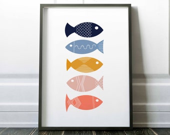 Colorful Scandinavian Folk Art Bathroom Wall Decor Fish Art Print Mid Century Modern Art Nordic Decor Printable Wall Art Kids Bathroom Decor