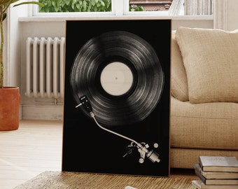 Vinyl Record Player Wall Art - Black and White Music Print