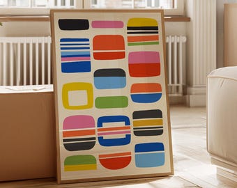 Puede incluir: Una impresión artística abstracta enmarcada con una cuadrícula de formas rectangulares redondeadas y coloridas. Las formas están rellenas de colores lisos y patrones de rayas en tonos de negro, azul, amarillo, rosa, naranja y verde. La obra de arte se exhibe en una habitación clara.