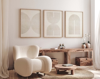Conjunto de 3 impressões digitais em estilo boho neutro moderno de meados do século XX.